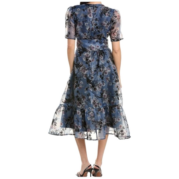 Gracia Ruffle Tiered Midi Dress Blue Floral Sheer Overlay Boho Feminine Romantic - Picture 2 of 10